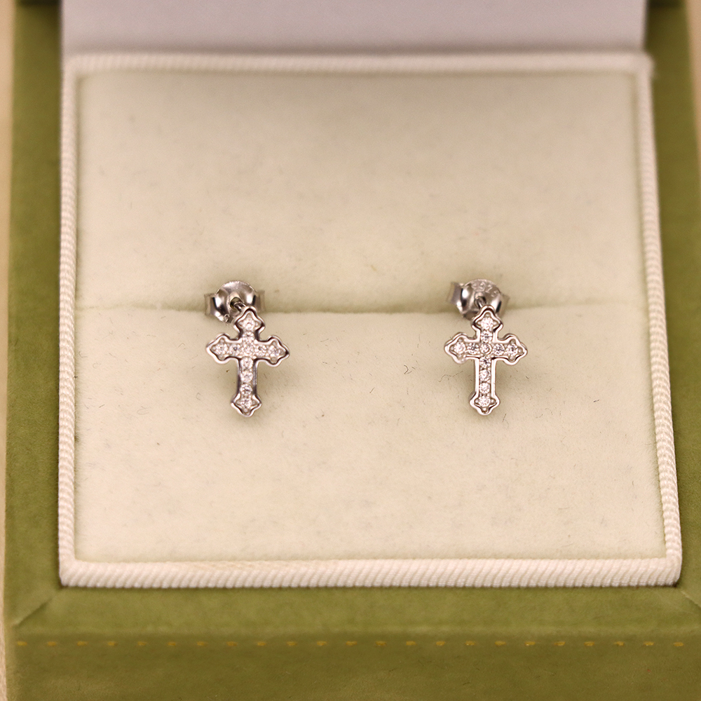 S925 Sterling Silver Cross Stud Earrings with Diamonds - Minimalist Earrings