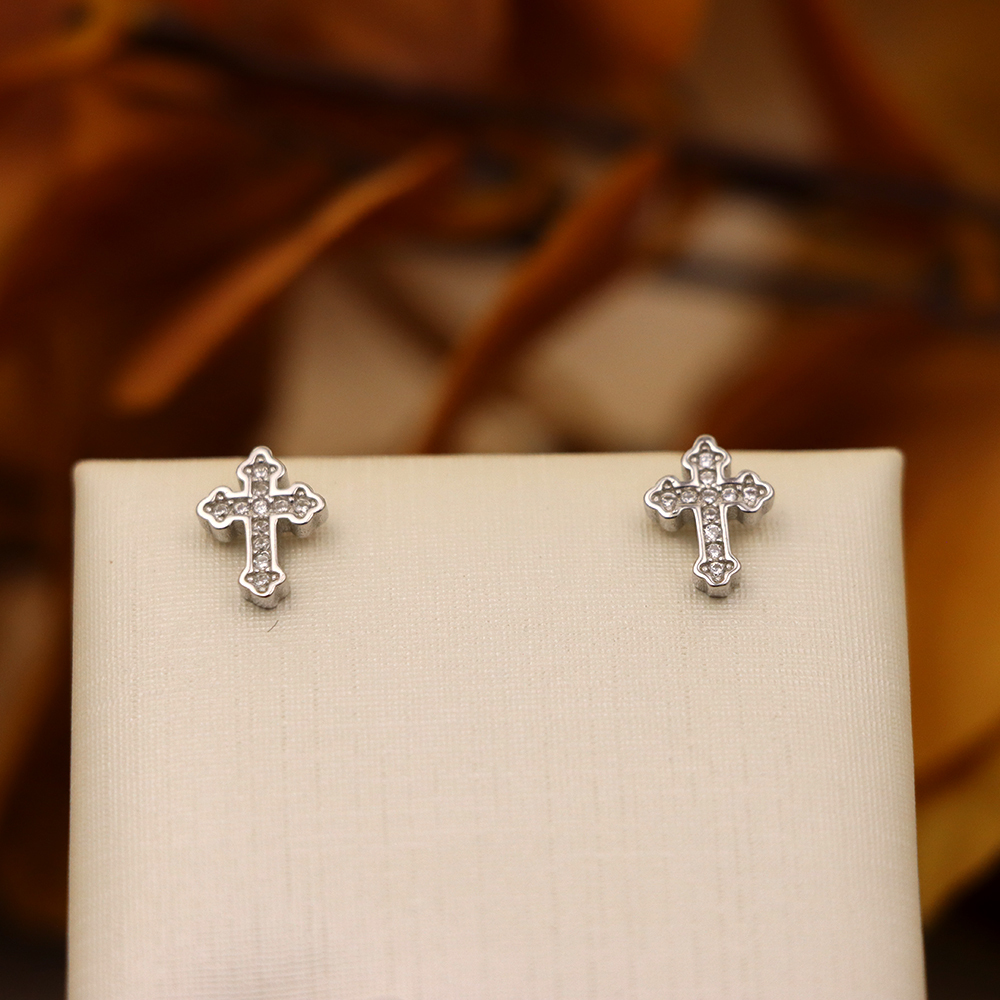 S925 Sterling Silver Cross Stud Earrings with Diamonds - Minimalist Earrings