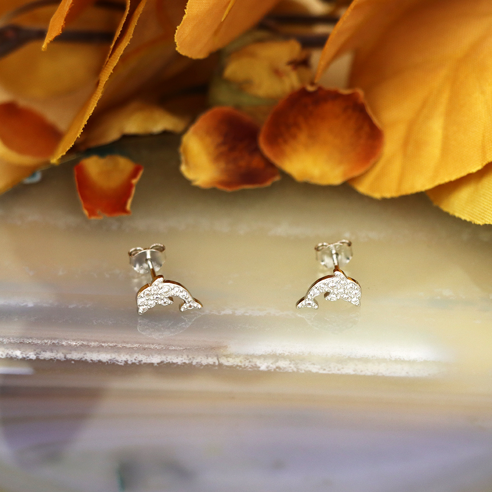 S925 Sterling Silver Dolphin Stud Earrings with Diamonds