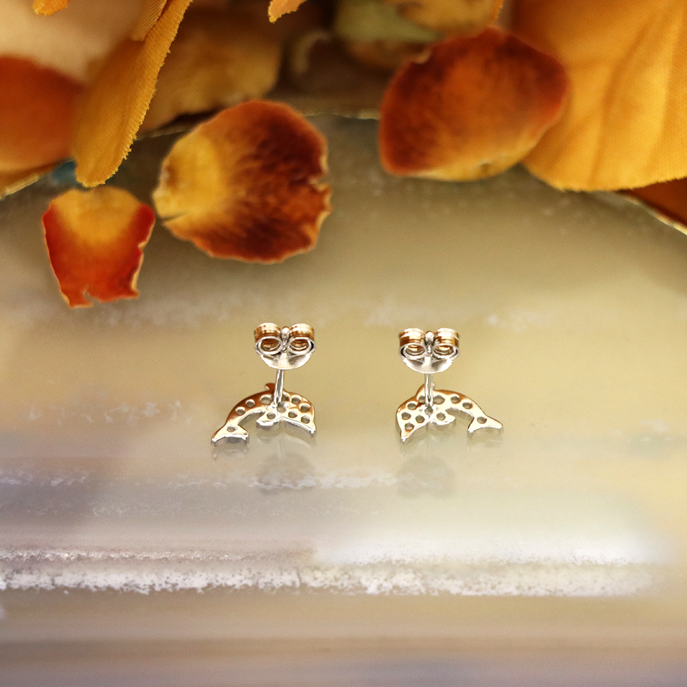 S925 Sterling Silver Dolphin Stud Earrings with Diamonds