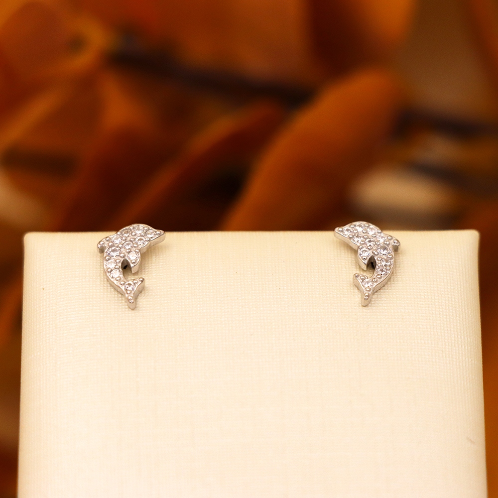 S925 Sterling Silver Dolphin Stud Earrings with Diamonds