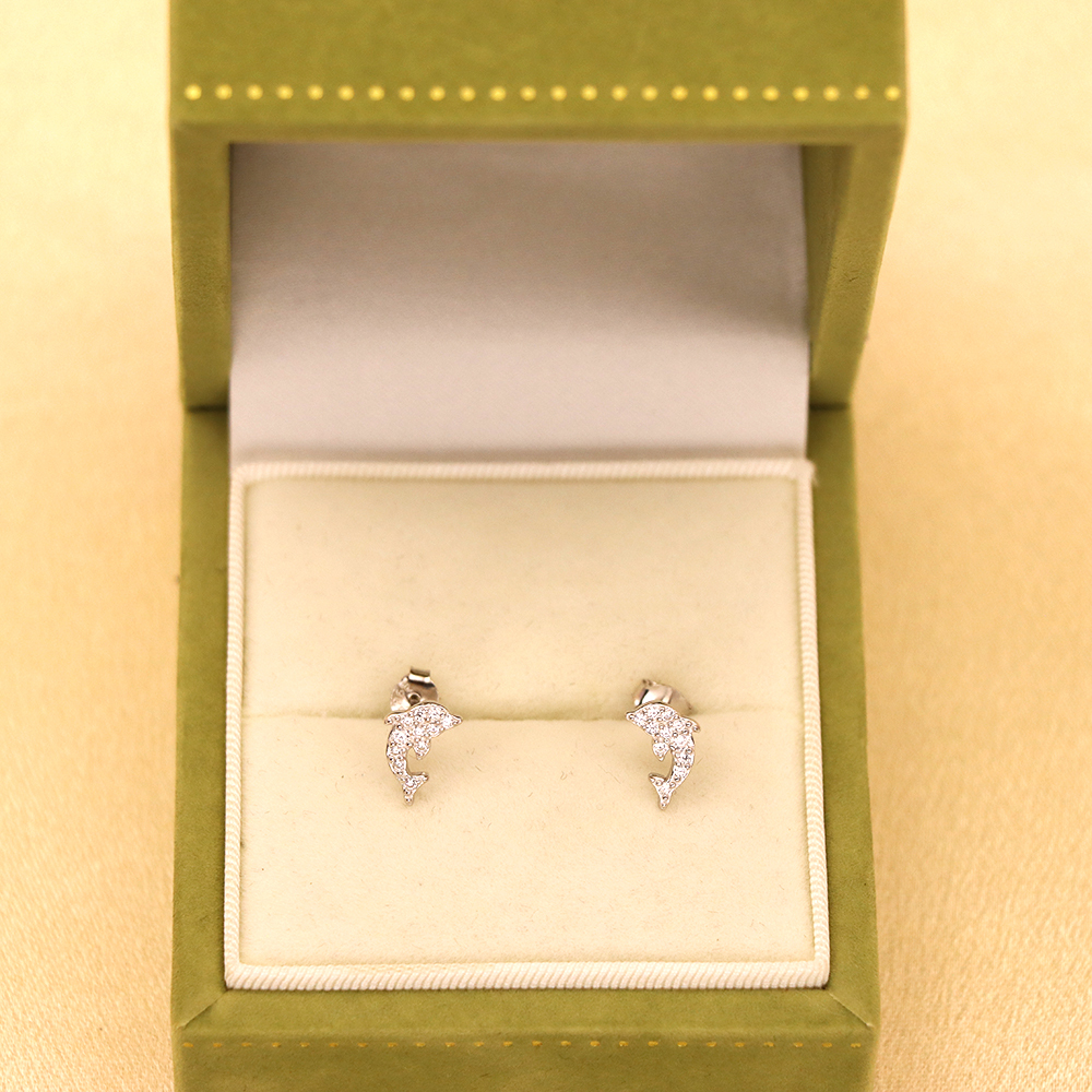S925 Sterling Silver Dolphin Stud Earrings with Diamonds