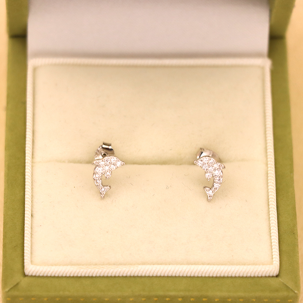 S925 Sterling Silver Dolphin Stud Earrings with Diamonds