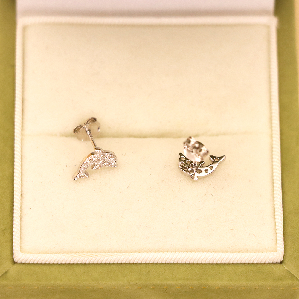 S925 Sterling Silver Dolphin Stud Earrings with Diamonds