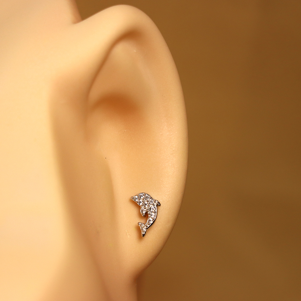S925 Sterling Silver Dolphin Stud Earrings with Diamonds
