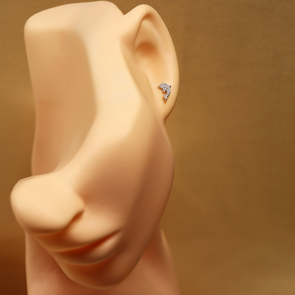 S925 Sterling Silver Dolphin Stud Earrings with Diamonds