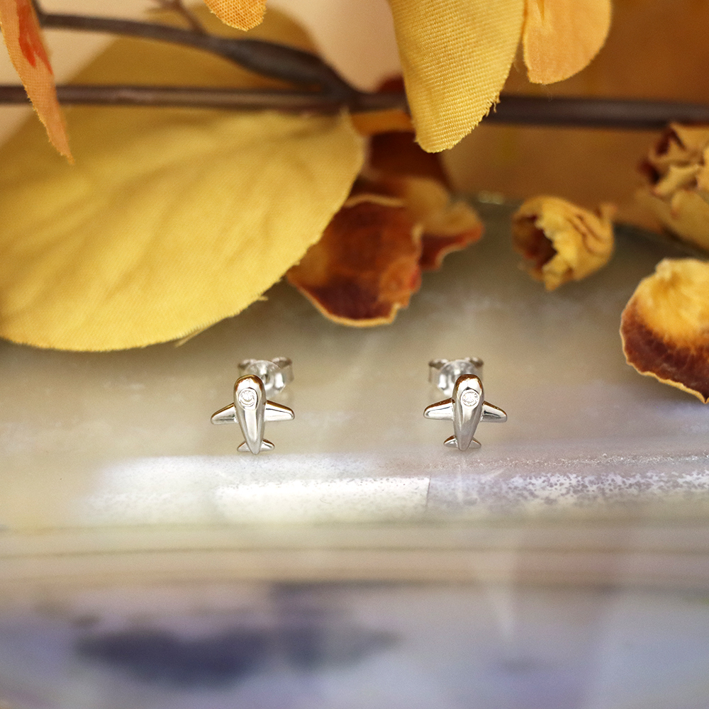 S925 Sterling Silver Mini Airplane Stud Earrings - Minimalist Micro-Paved Earrings