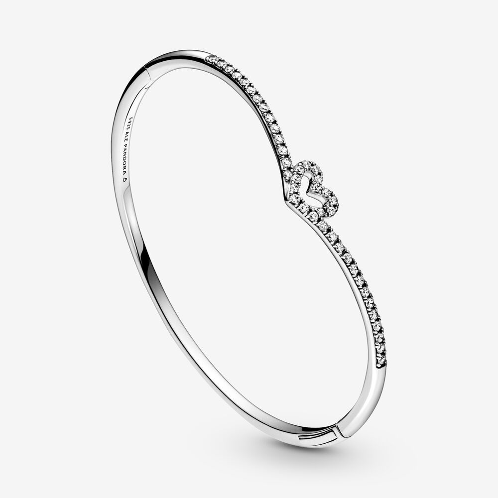 Pandora Silver Sparkling Wishbone Heart Bangle Bracelet 2021