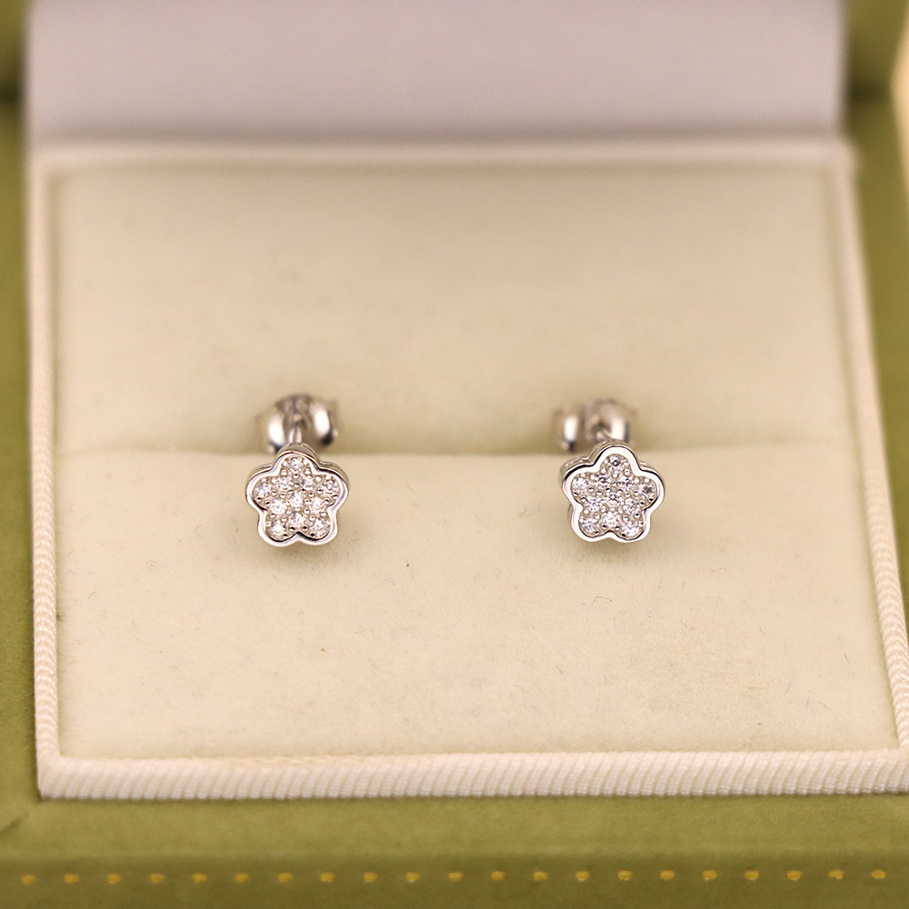 S925 Sterling Silver Small Flower Stud Earrings - Minimalist Earrings with Diamonds