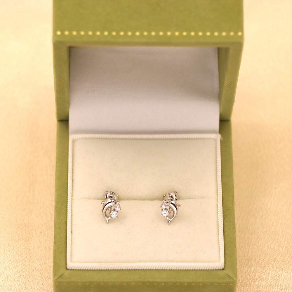S925 Sterling Silver Dolphin Animal Stud Earrings with Micro-Pave Design