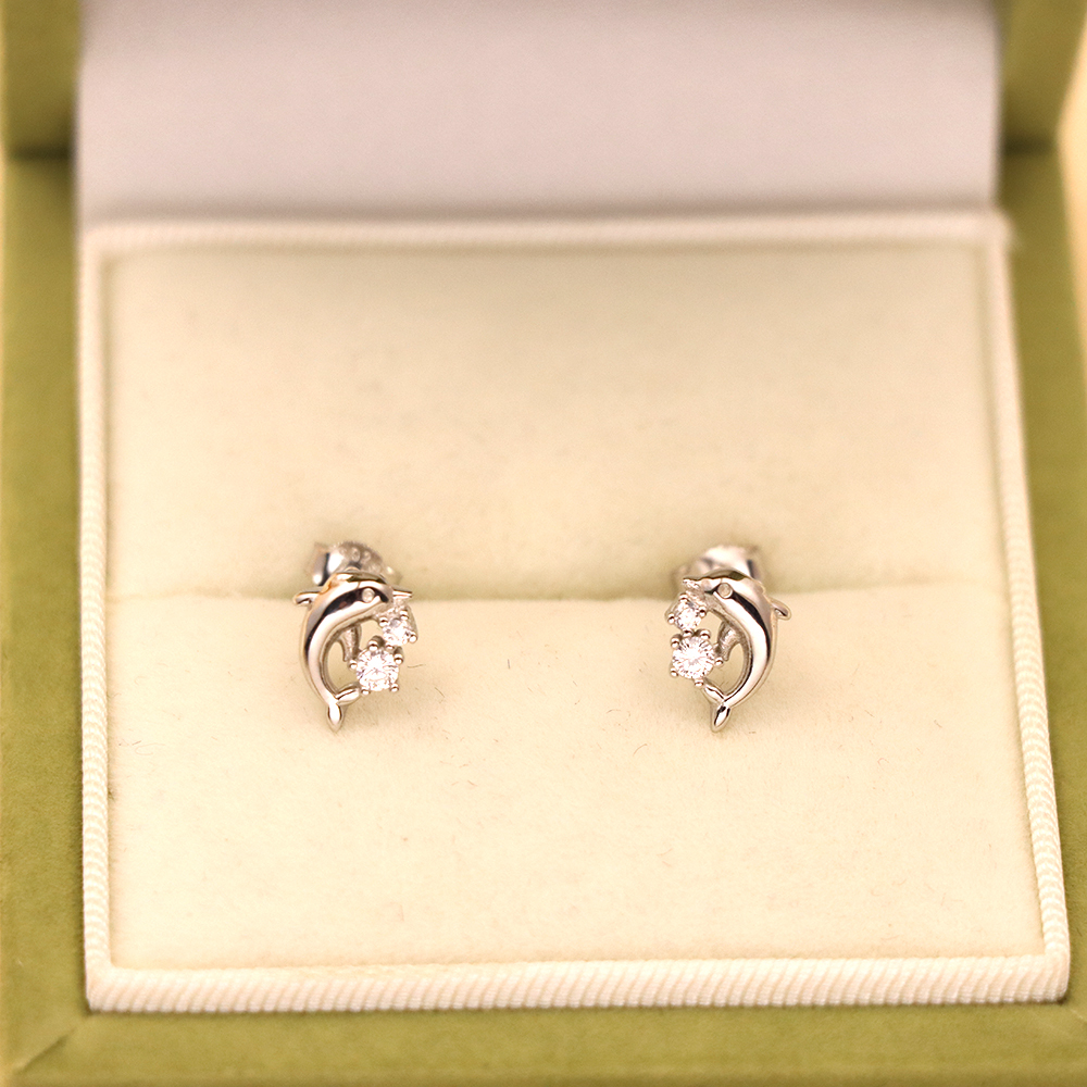 S925 Sterling Silver Dolphin Animal Stud Earrings with Micro-Pave Design