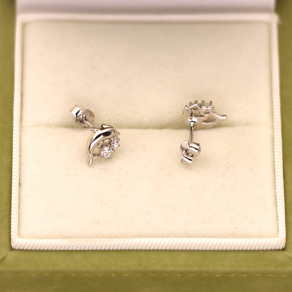 S925 Sterling Silver Dolphin Animal Stud Earrings with Micro-Pave Design