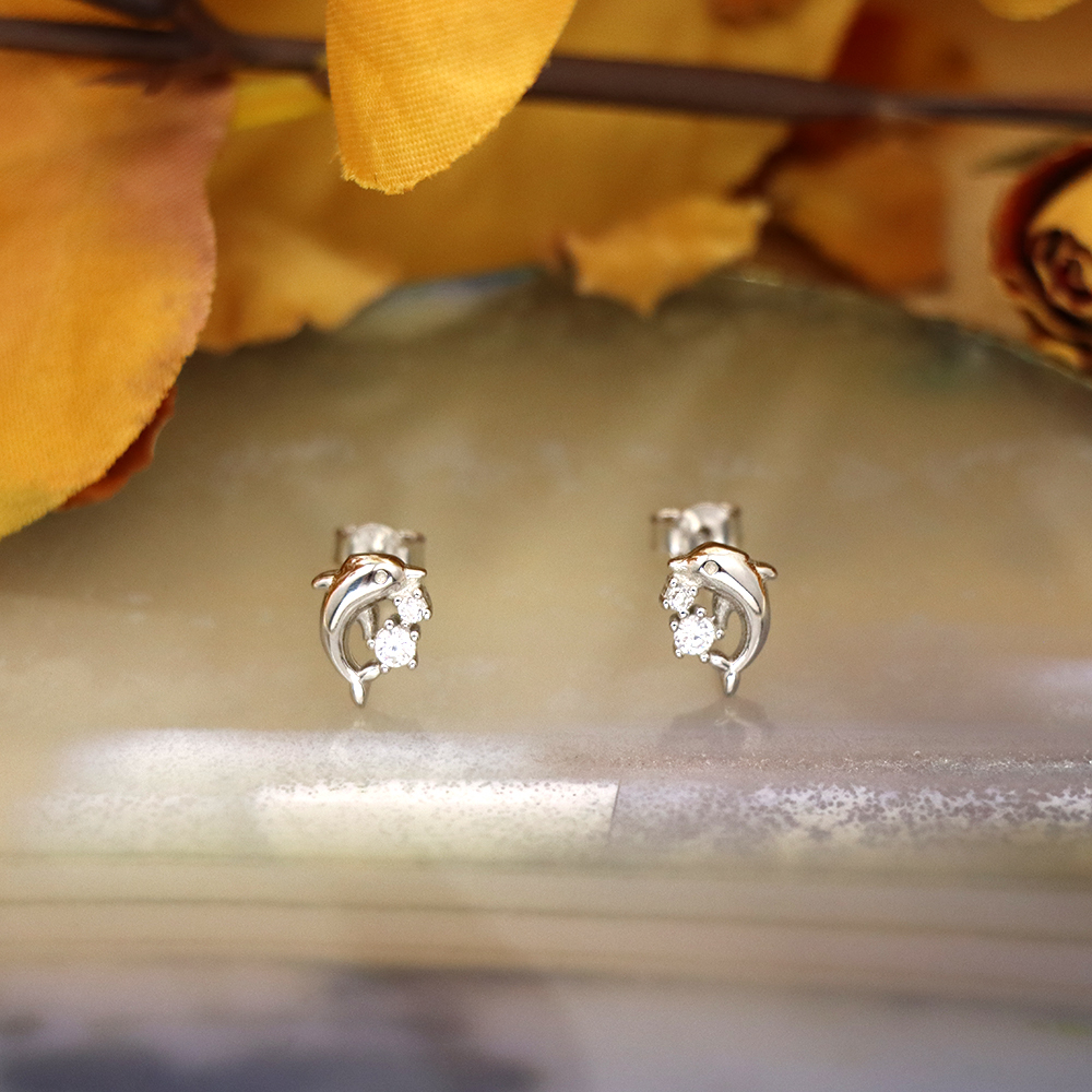 S925 Sterling Silver Dolphin Animal Stud Earrings with Micro-Pave Design