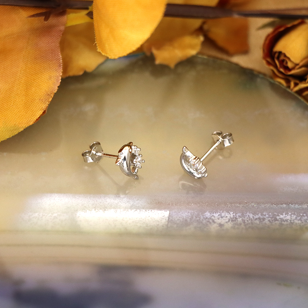 S925 Sterling Silver Dolphin Animal Stud Earrings with Micro-Pave Design