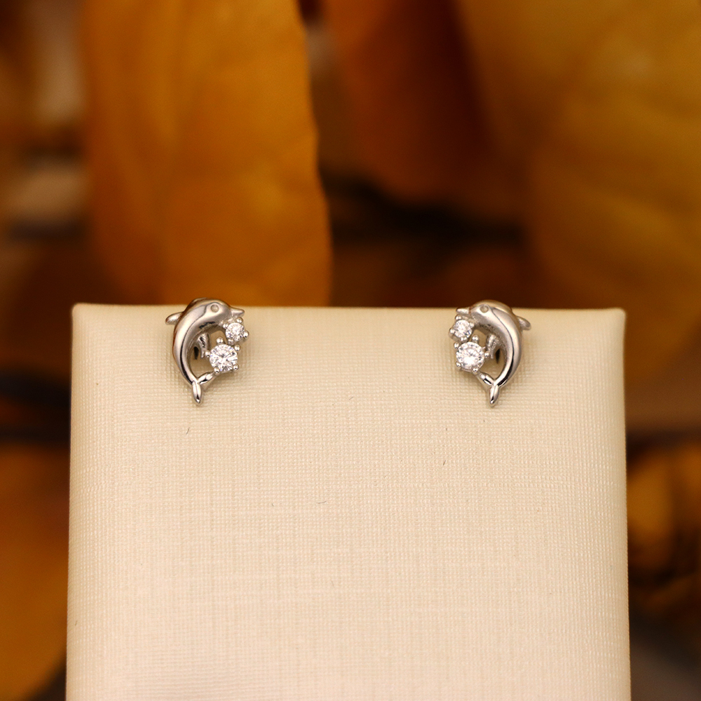 S925 Sterling Silver Dolphin Animal Stud Earrings with Micro-Pave Design