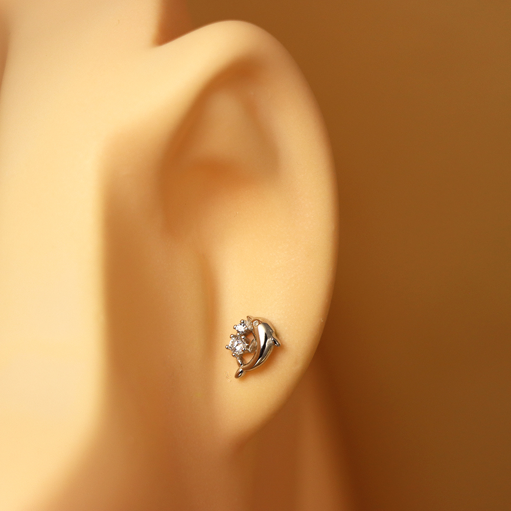 S925 Sterling Silver Dolphin Animal Stud Earrings with Micro-Pave Design