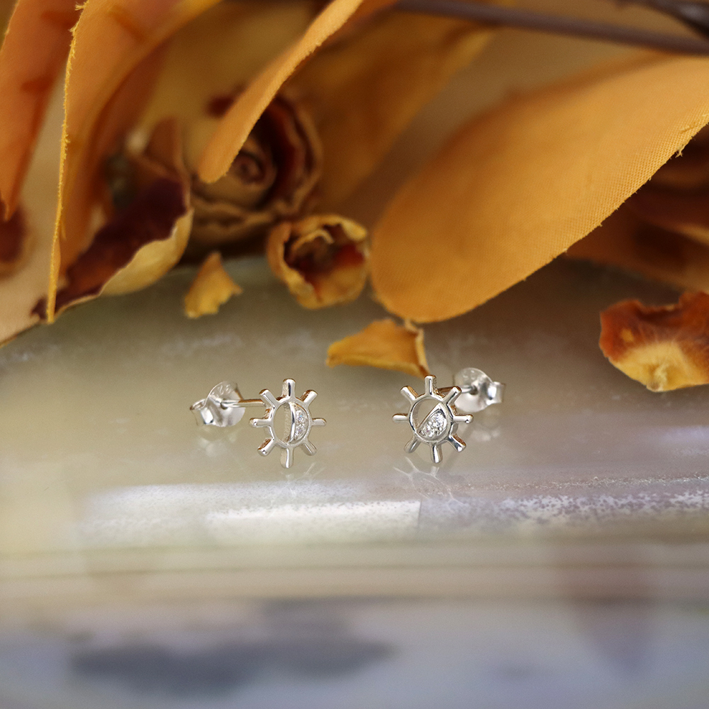 S925 Sterling Silver Sunflower Stud Earrings with Micro-Pave Diamonds
