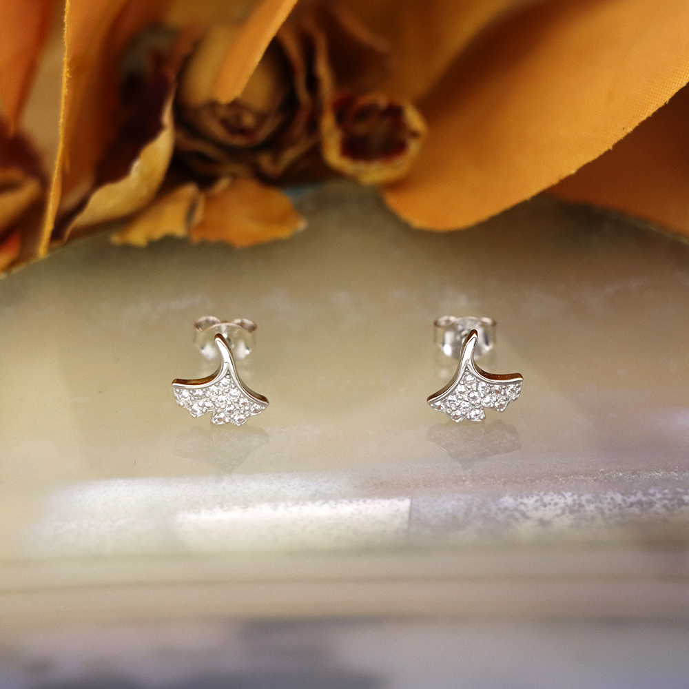 s925 sterling silver earrings women's small fresh diamond gingko leaf earrings
