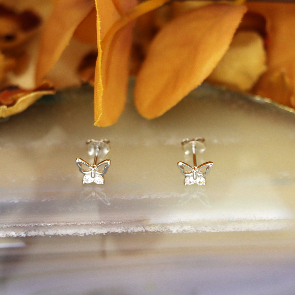 S925 Sterling Silver Hollow Butterfly Stud Earrings with Diamonds