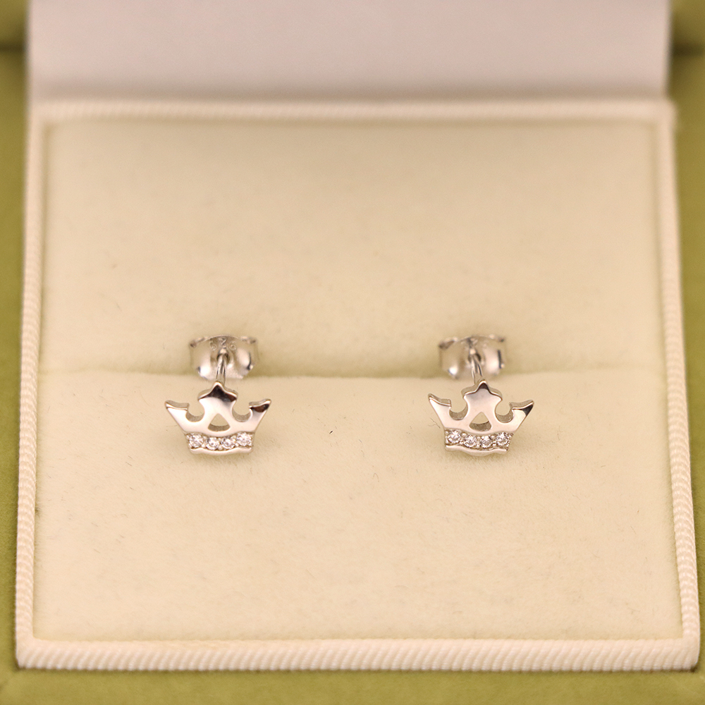 S925 Sterling Silver Mini Crown Stud Earrings with Diamonds