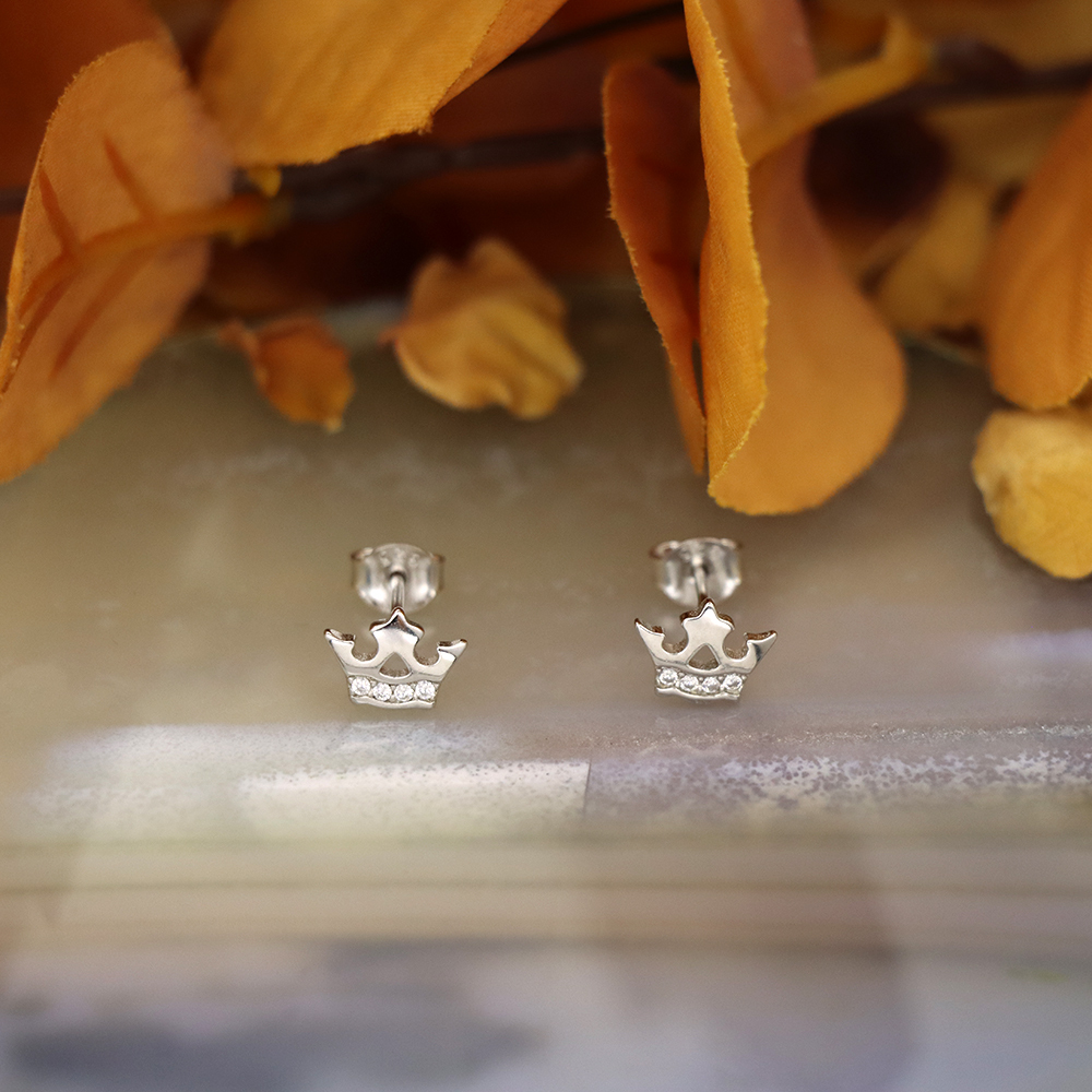 S925 Sterling Silver Mini Crown Stud Earrings with Diamonds