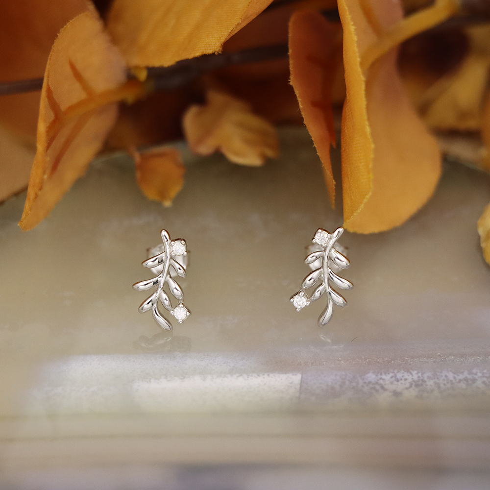 S925 Sterling Silver Leaf Stud Earrings with Diamonds - Branch Earrings