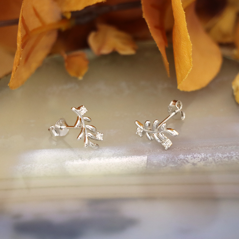 S925 Sterling Silver Leaf Stud Earrings with Diamonds - Branch Earrings