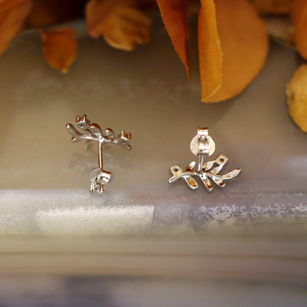S925 Sterling Silver Leaf Stud Earrings with Diamonds - Branch Earrings
