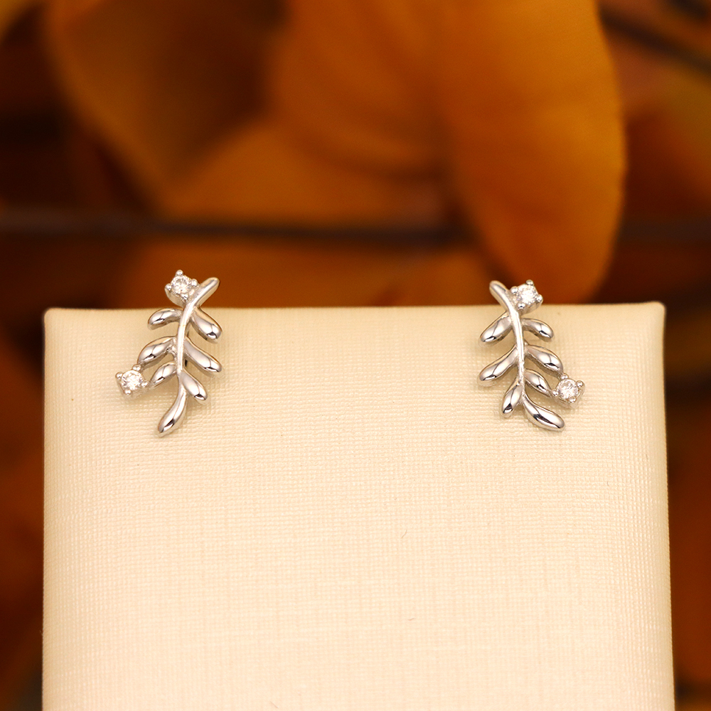 S925 Sterling Silver Leaf Stud Earrings with Diamonds - Branch Earrings
