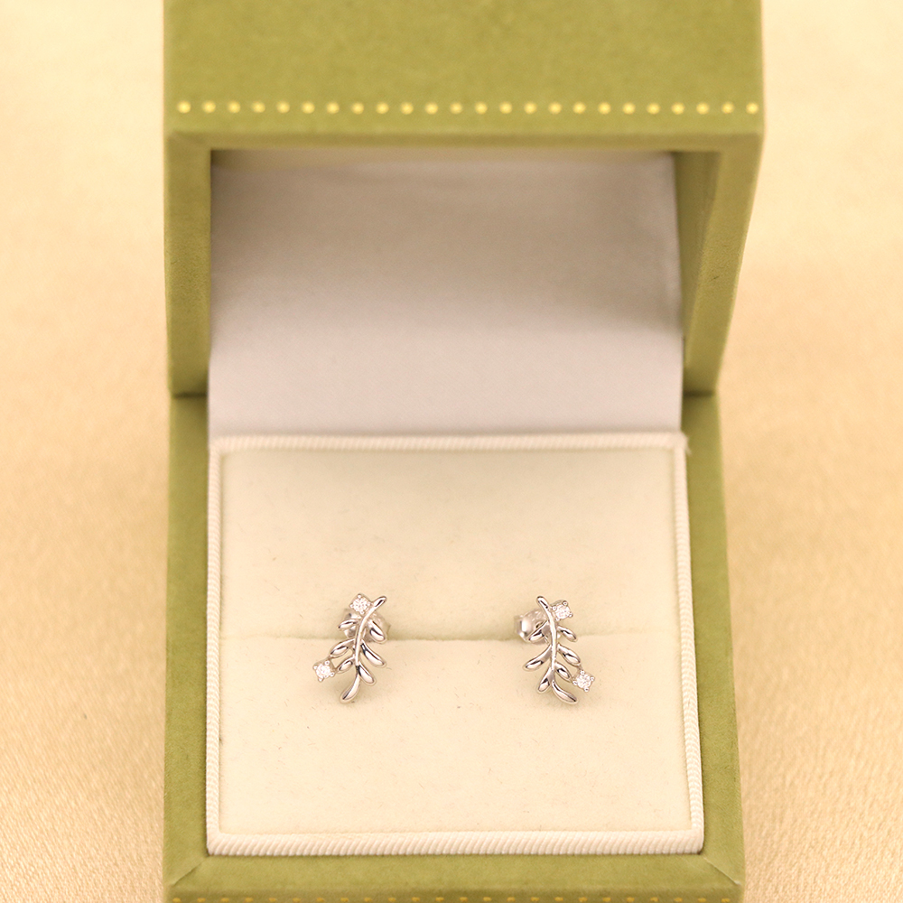 S925 Sterling Silver Leaf Stud Earrings with Diamonds - Branch Earrings