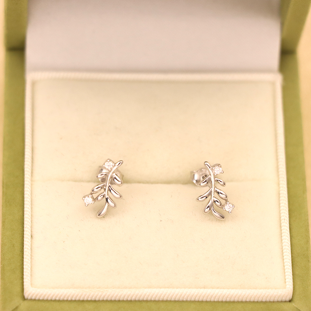 S925 Sterling Silver Leaf Stud Earrings with Diamonds - Branch Earrings