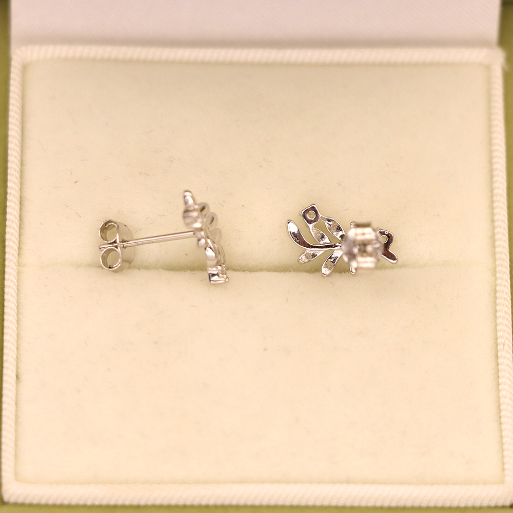 S925 Sterling Silver Leaf Stud Earrings with Diamonds - Branch Earrings