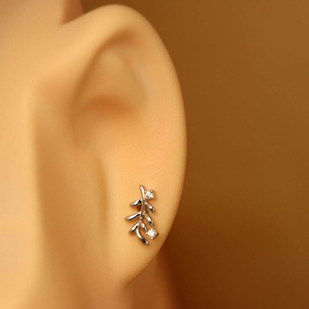 S925 Sterling Silver Leaf Stud Earrings with Diamonds - Branch Earrings