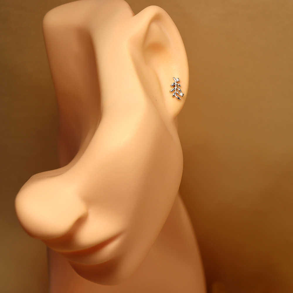S925 Sterling Silver Leaf Stud Earrings with Diamonds - Branch Earrings