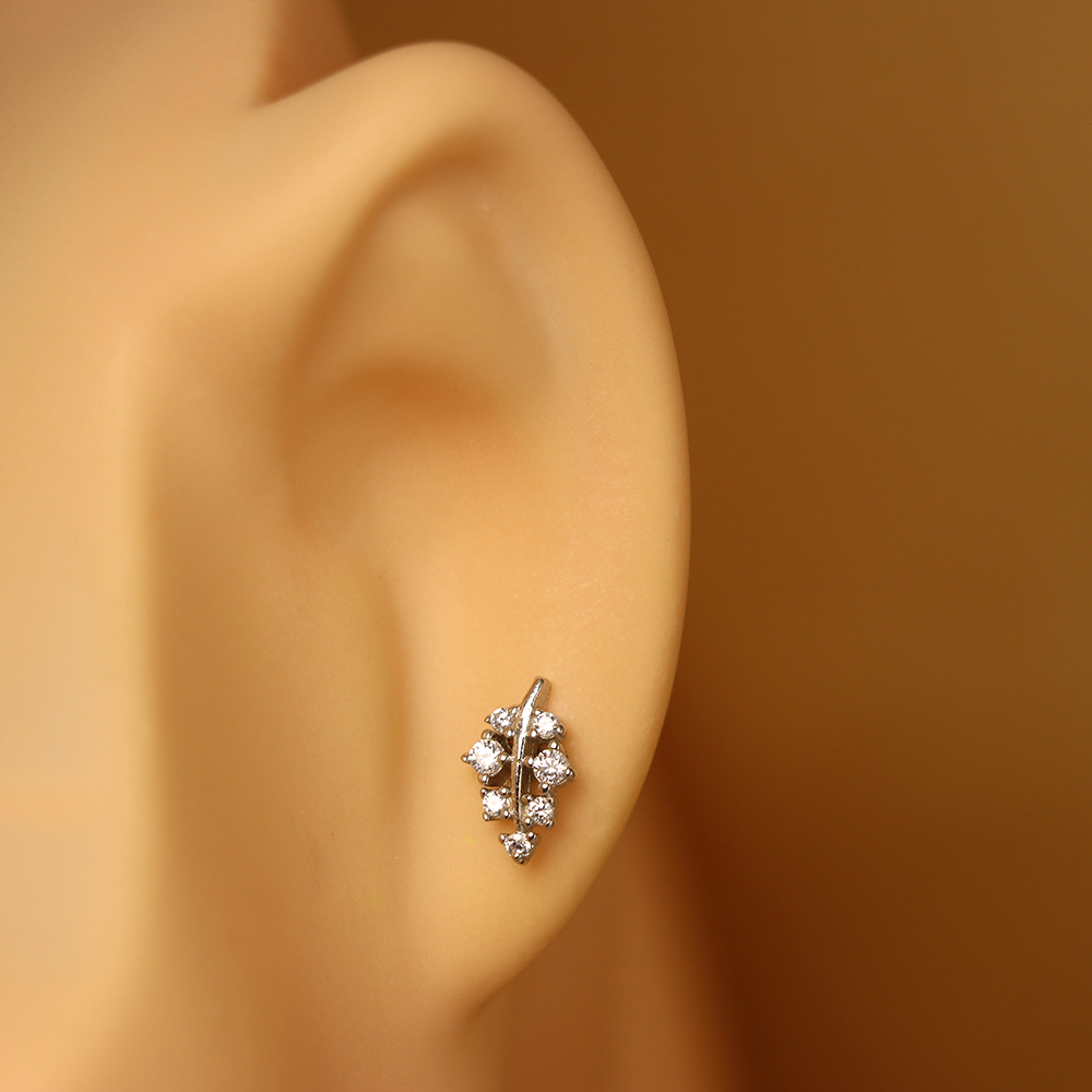 S925 Sterling Silver Leaf Zirconia Stud Earrings - Micro-Pave Earrings