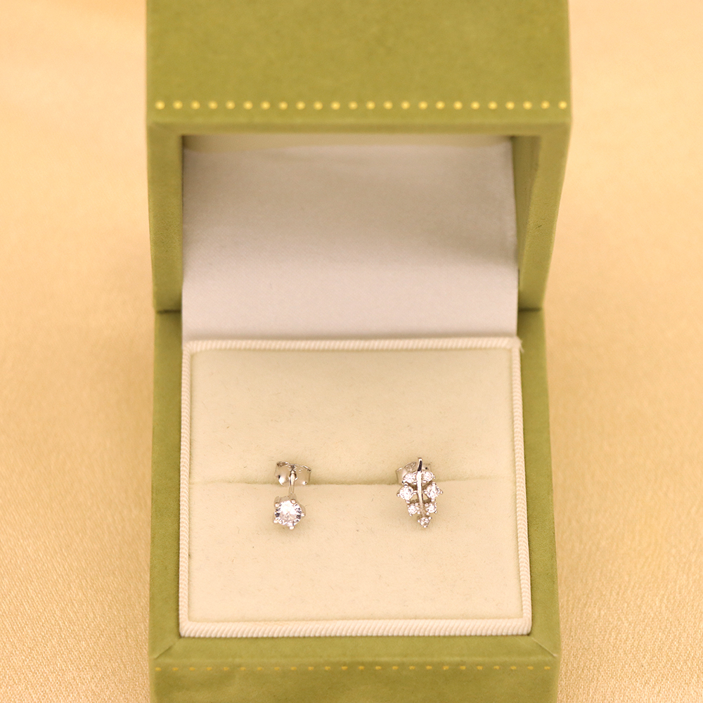 S925 Sterling Silver Leaf Zirconia Stud Earrings - Micro-Pave Earrings