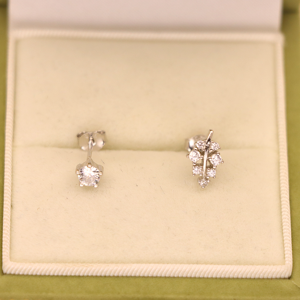 S925 Sterling Silver Leaf Zirconia Stud Earrings - Micro-Pave Earrings