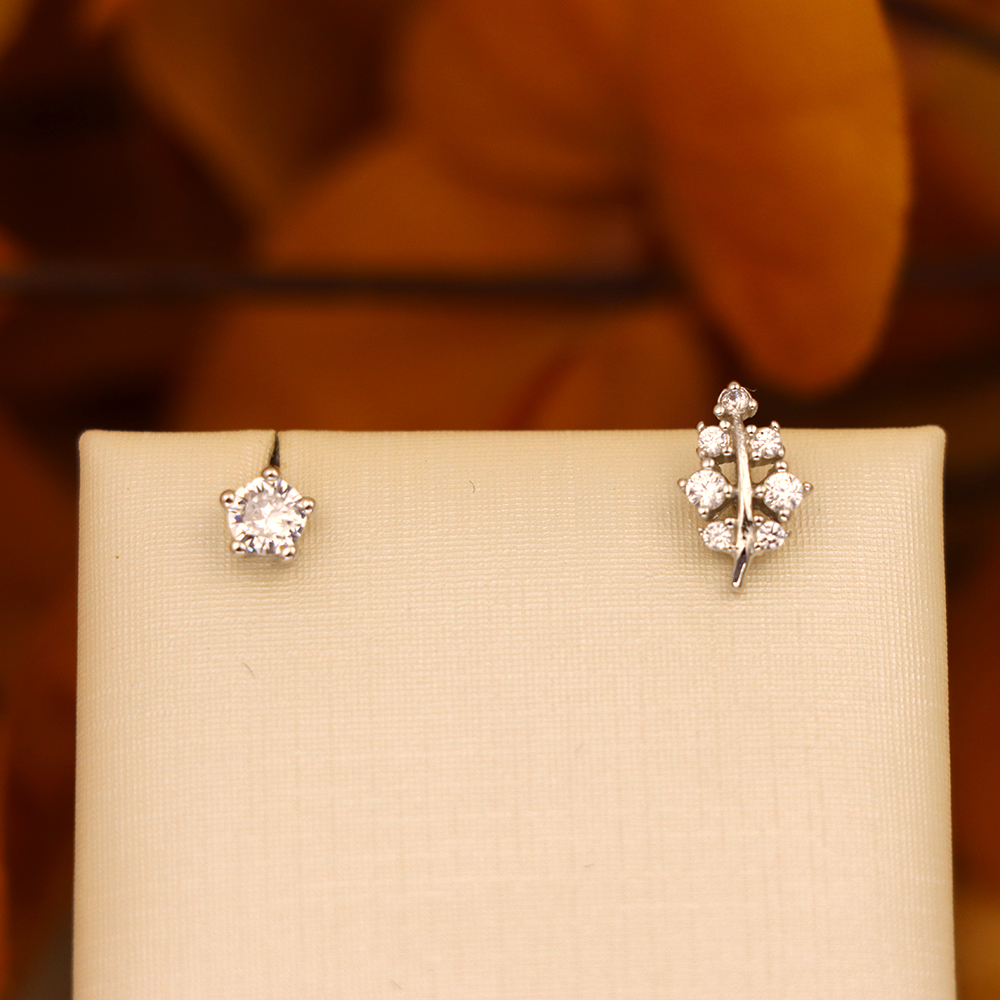 S925 Sterling Silver Leaf Zirconia Stud Earrings - Micro-Pave Earrings