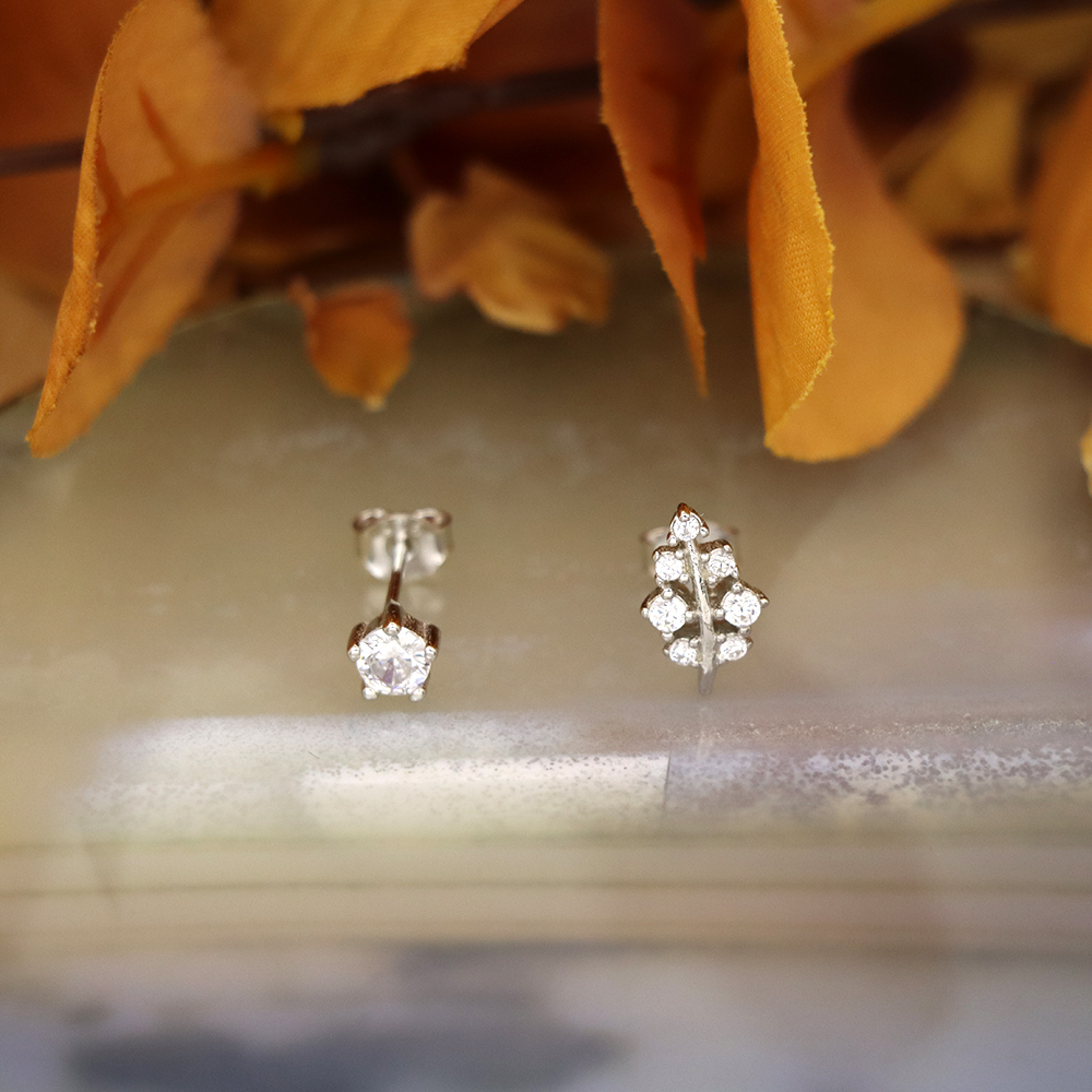 S925 Sterling Silver Leaf Zirconia Stud Earrings - Micro-Pave Earrings
