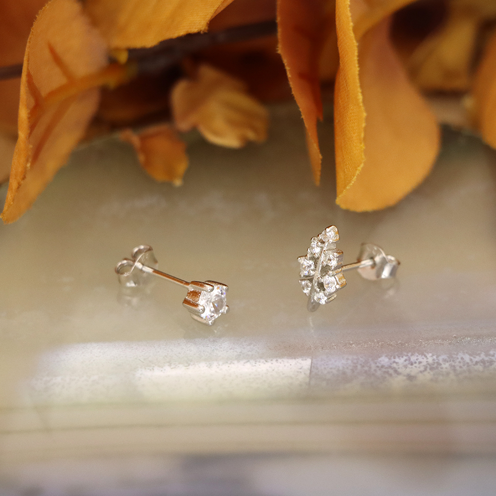 S925 Sterling Silver Leaf Zirconia Stud Earrings - Micro-Pave Earrings