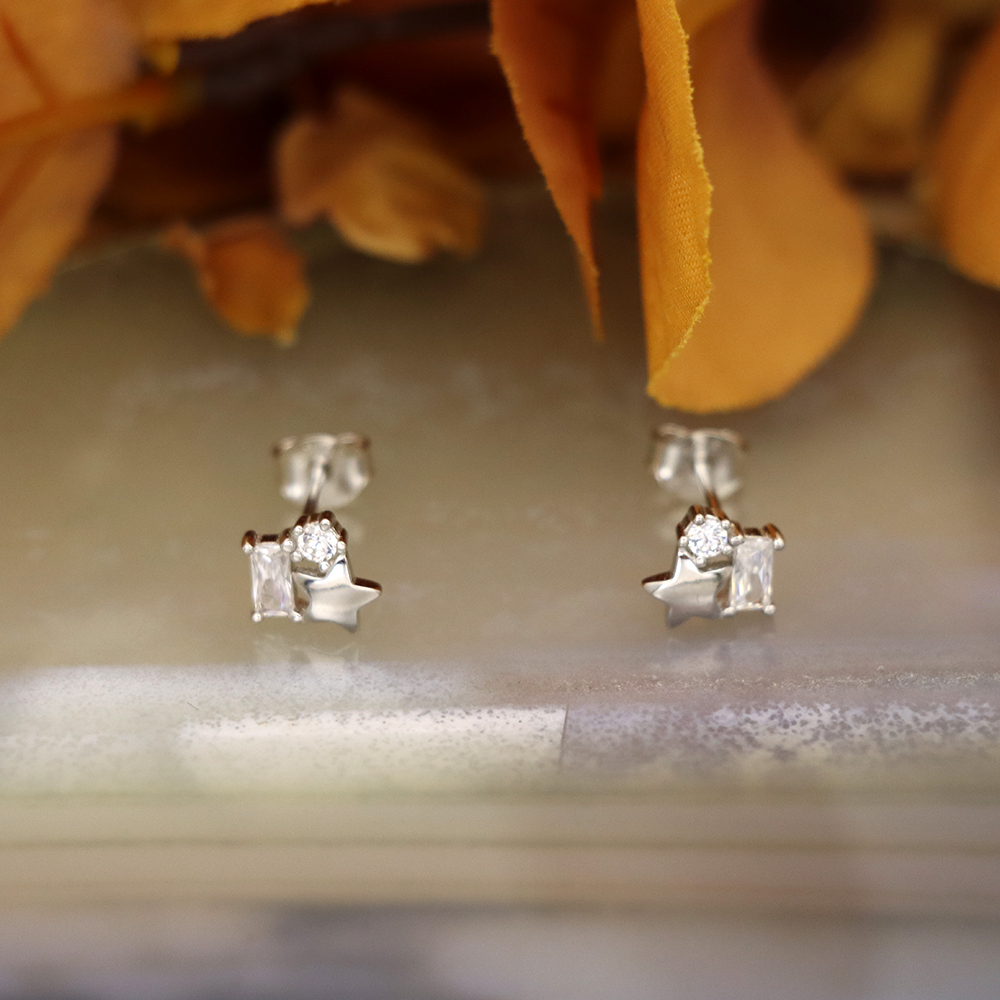 S925 Sterling Silver Star Stud Earrings with Diamonds - Cube Candy Earrings