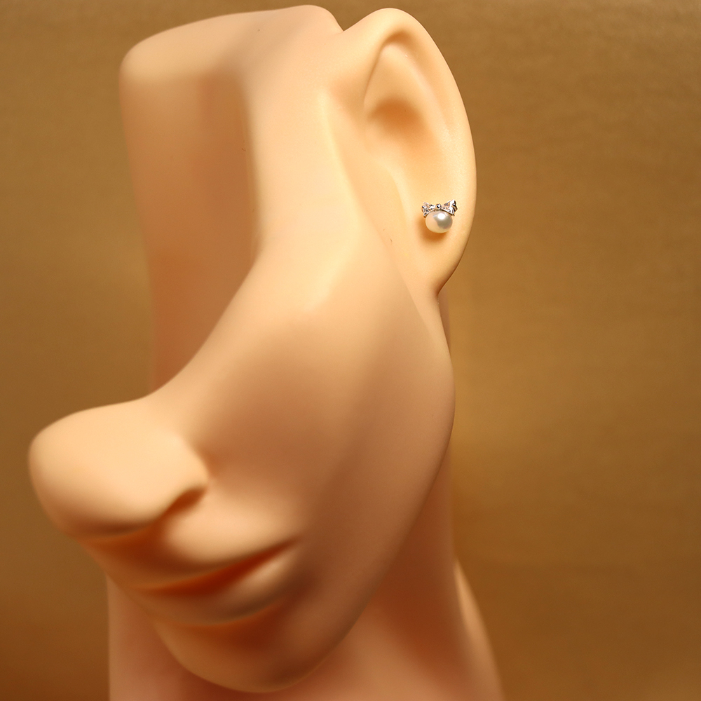 S925 Sterling Silver Diamond-Studded Bowknot Pearl Stud Earrings