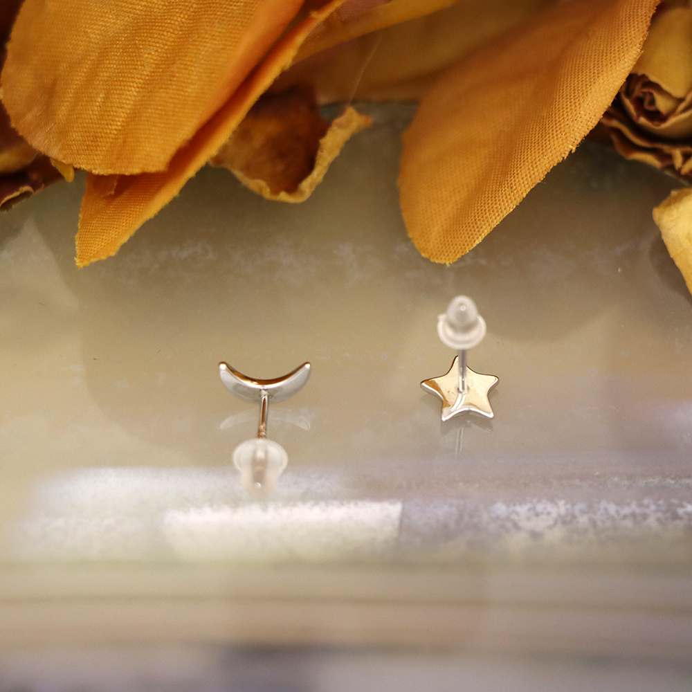 Solid 925 Sterling Silver Earrings (Stud) Moon & Star Design New