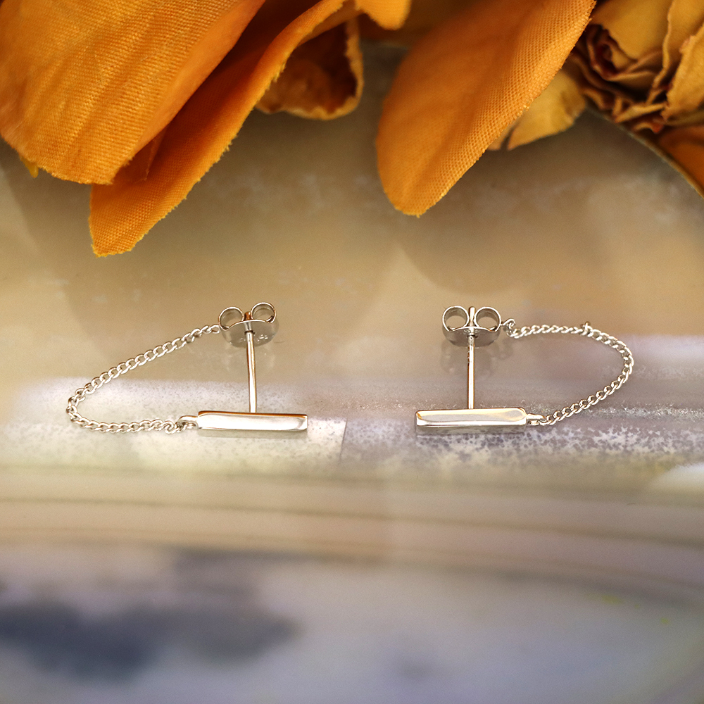 925 Sterling Silver Bar & Chain Stud Earrings