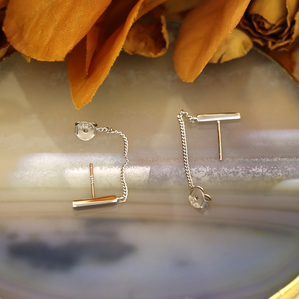 925 Sterling Silver Bar & Chain Stud Earrings