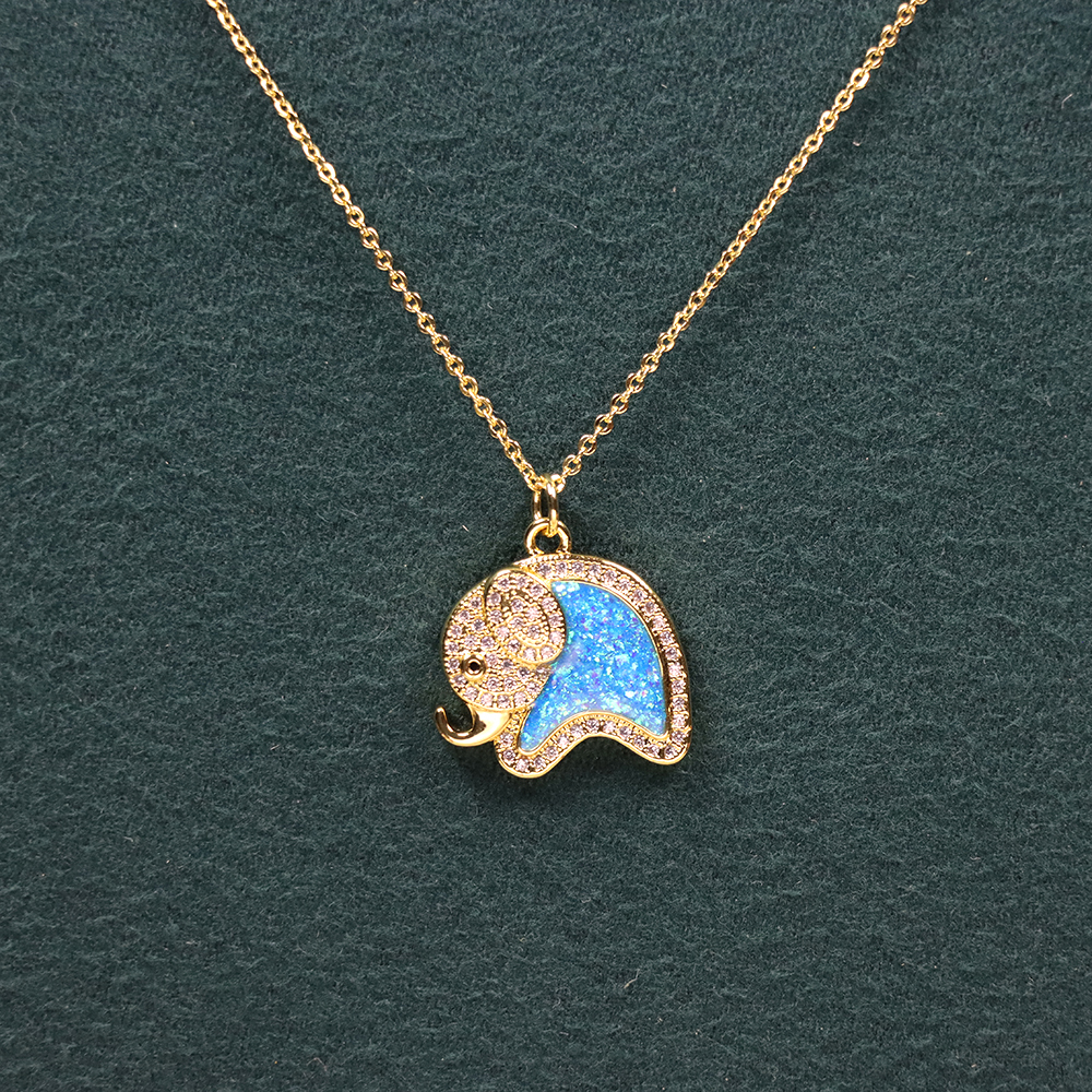 Opal Copper Gold-Plated Elephant Pendant Necklace - Animal Jewelry