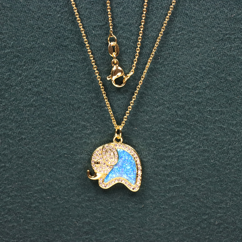 Opal Copper Gold-Plated Elephant Pendant Necklace - Animal Jewelry