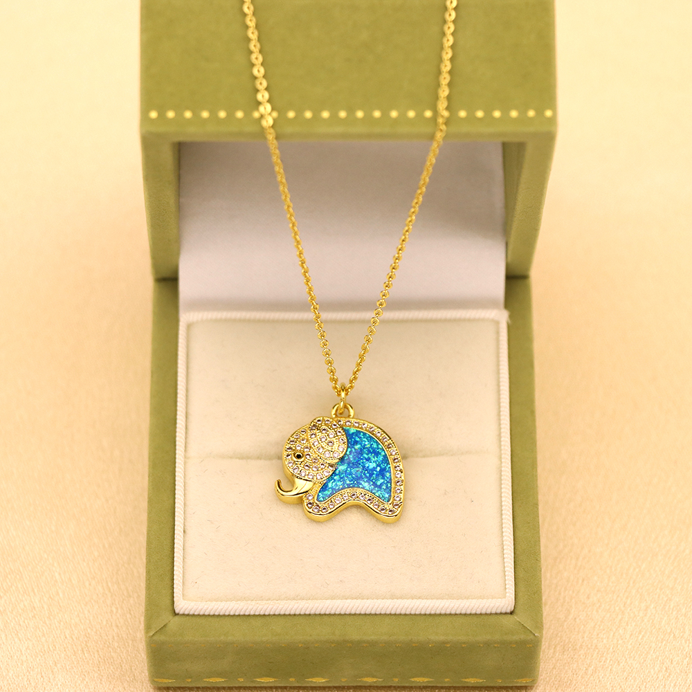 Opal Copper Gold-Plated Elephant Pendant Necklace - Animal Jewelry