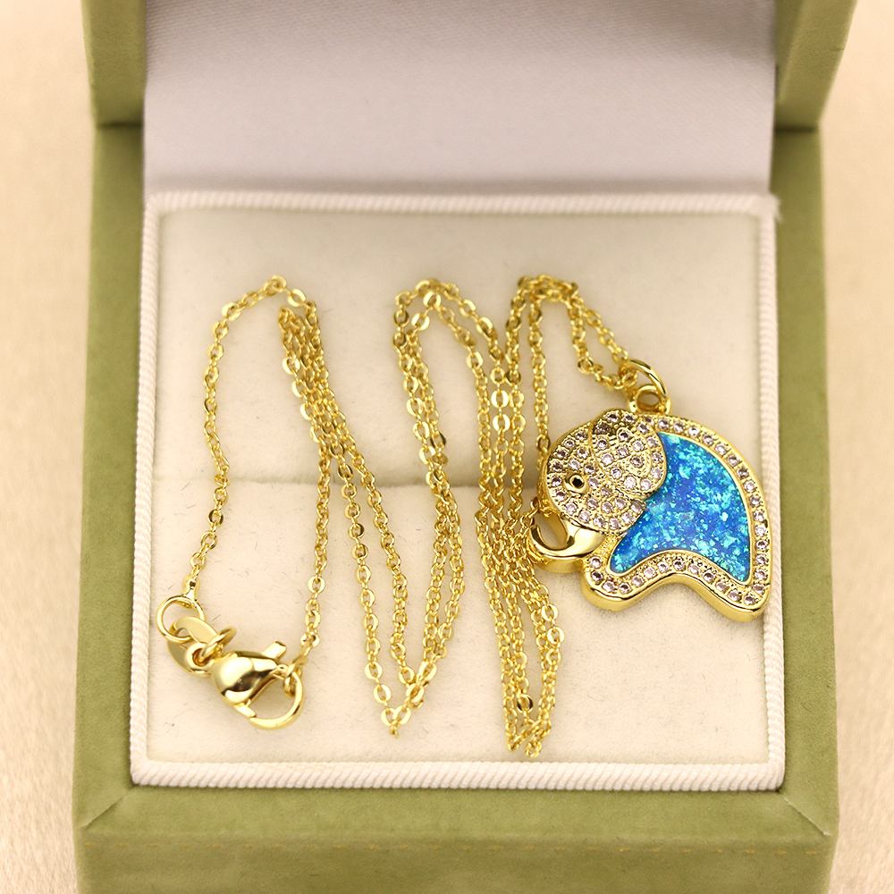 Opal Copper Gold-Plated Elephant Pendant Necklace - Animal Jewelry