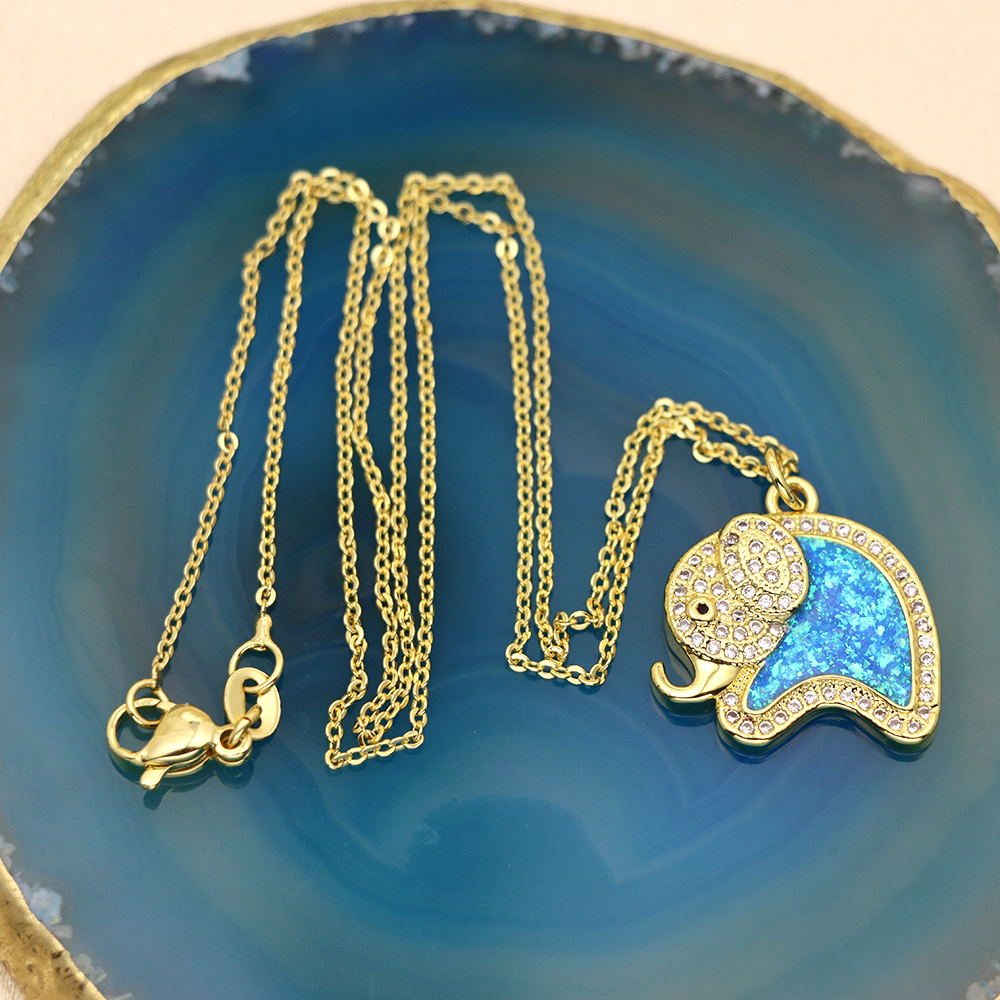 Opal Copper Gold-Plated Elephant Pendant Necklace - Animal Jewelry